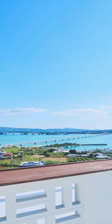 青い海に架かる白い長い橋を見下ろす風景。手前に集落と緑地が広がる。